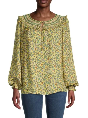 Max Studio Yellow Floral Smocked Peasant Top