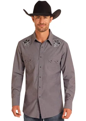 Men's Rock & Roll Chambray Skull Embroidered Snap Shirt