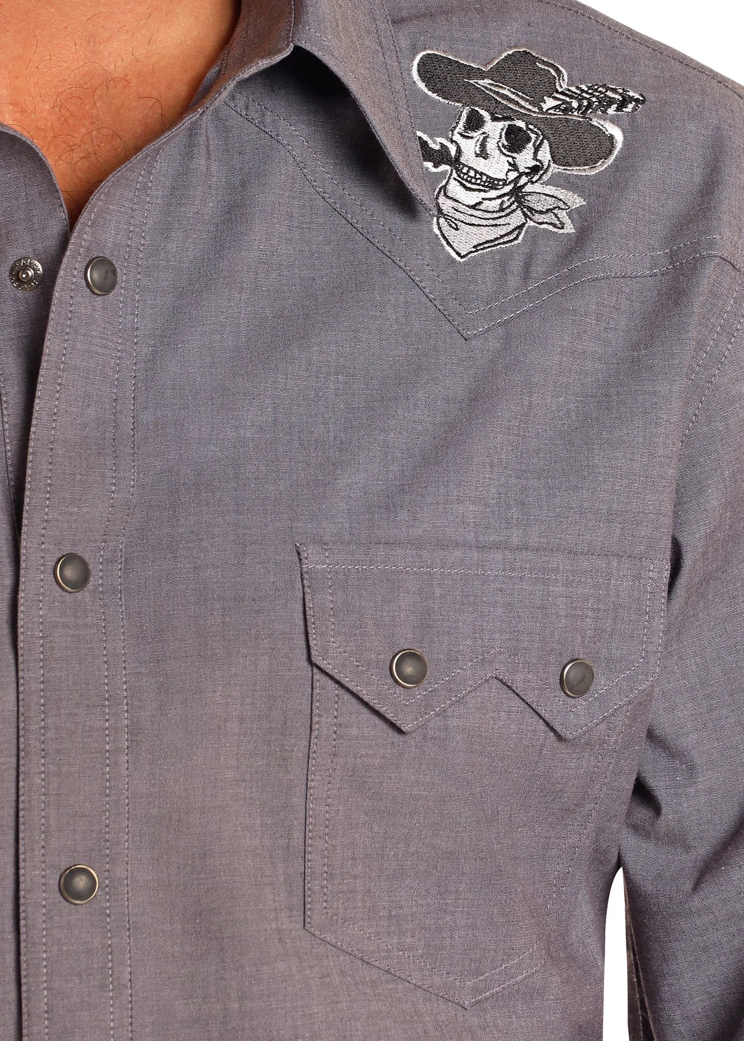 Men's Rock & Roll Chambray Skull Embroidered Snap Shirt