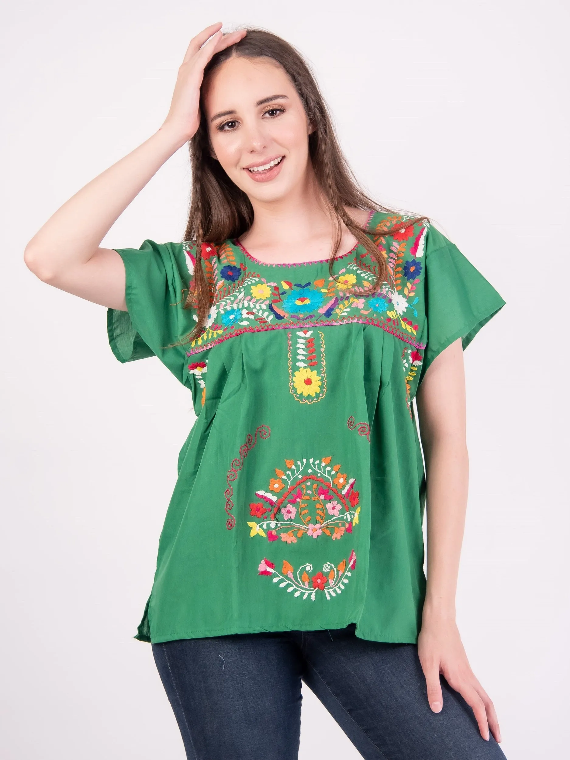 Mexican Tehuacan Full Embroidered Blouse Green