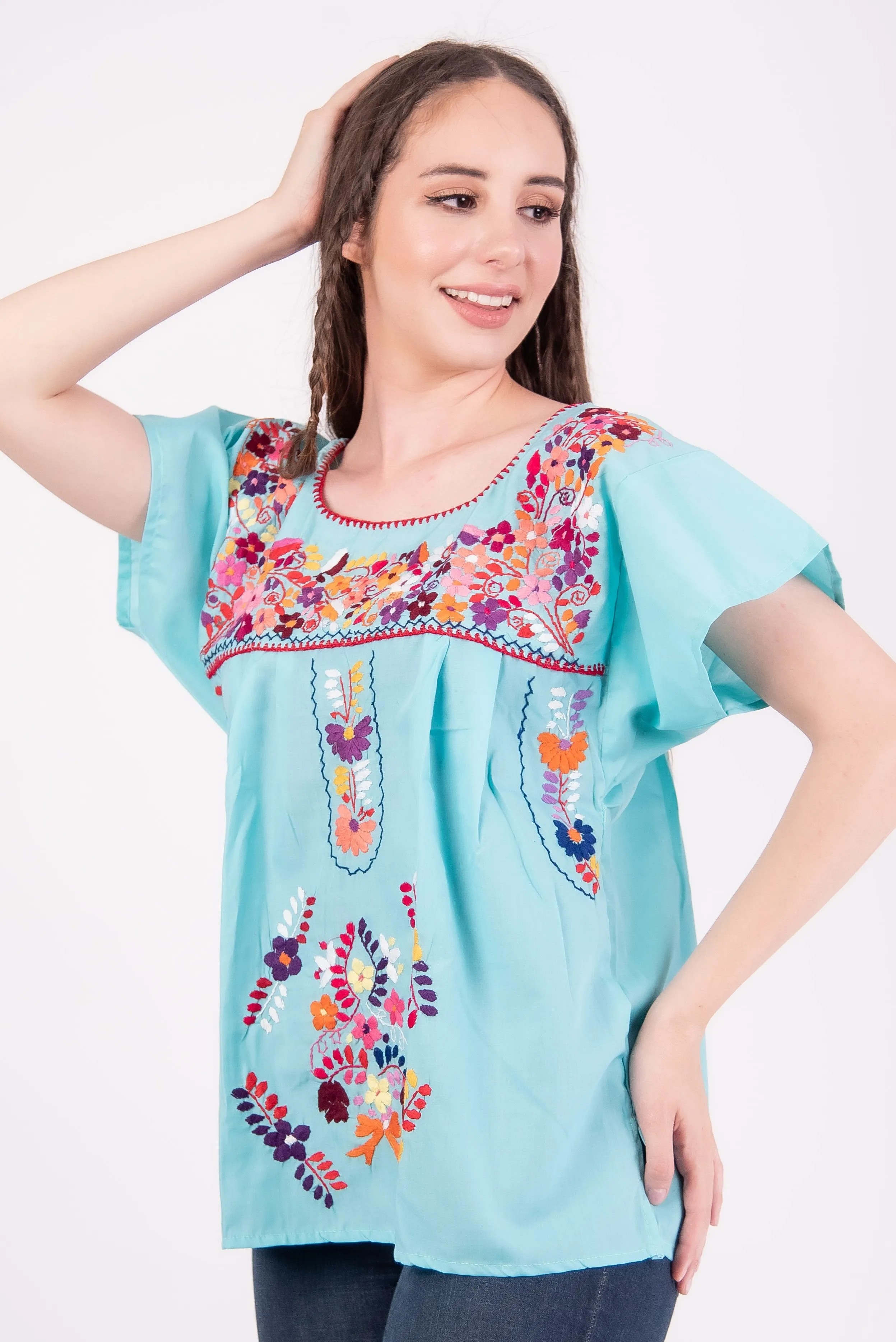 Mexican Tehuacan Full Embroidered Blouse Mint