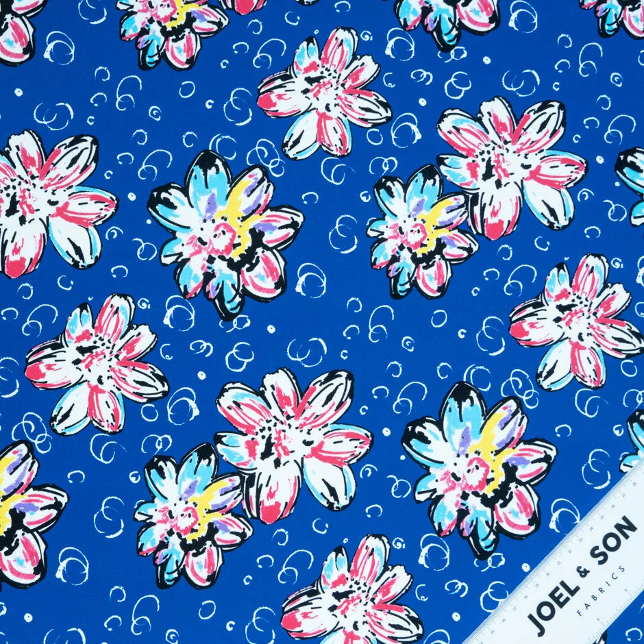 Multi Floral Printed Royal Blue Silk Satin