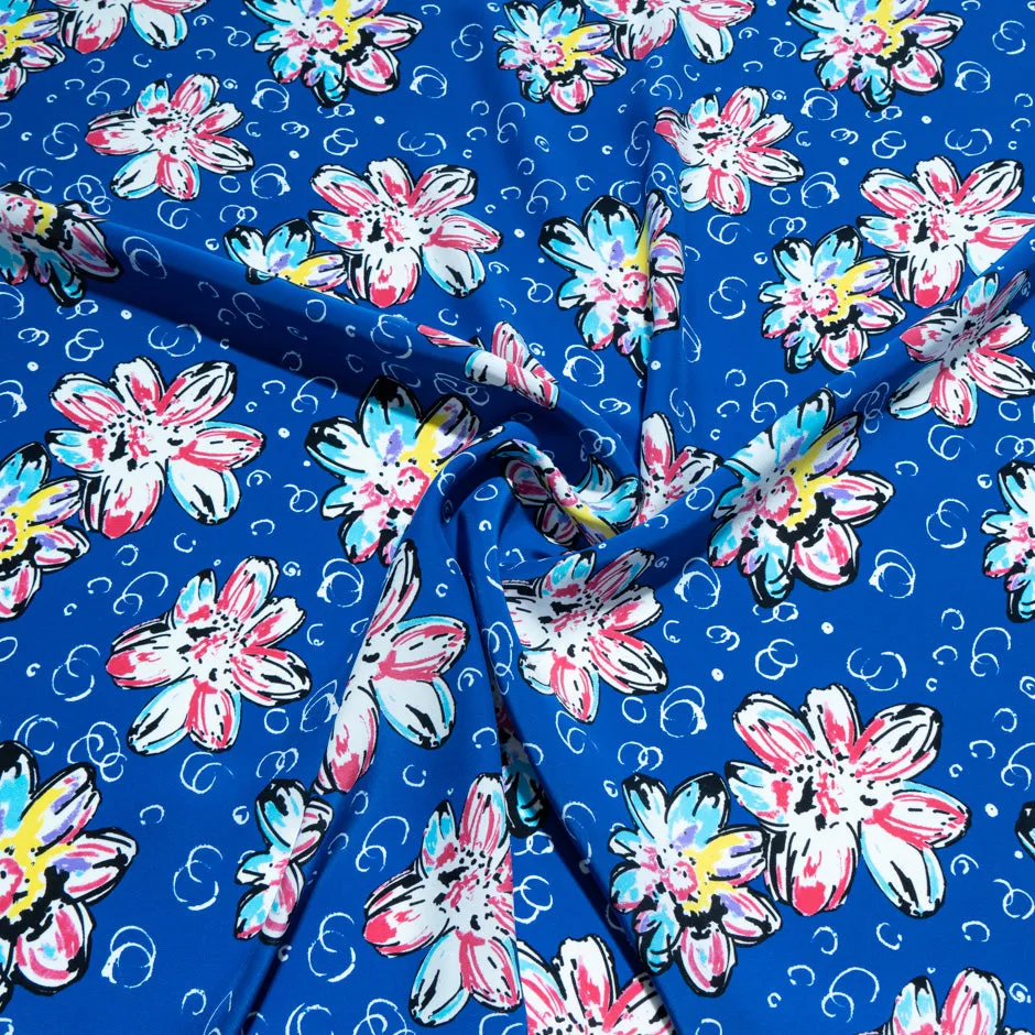 Multi Floral Printed Royal Blue Silk Satin