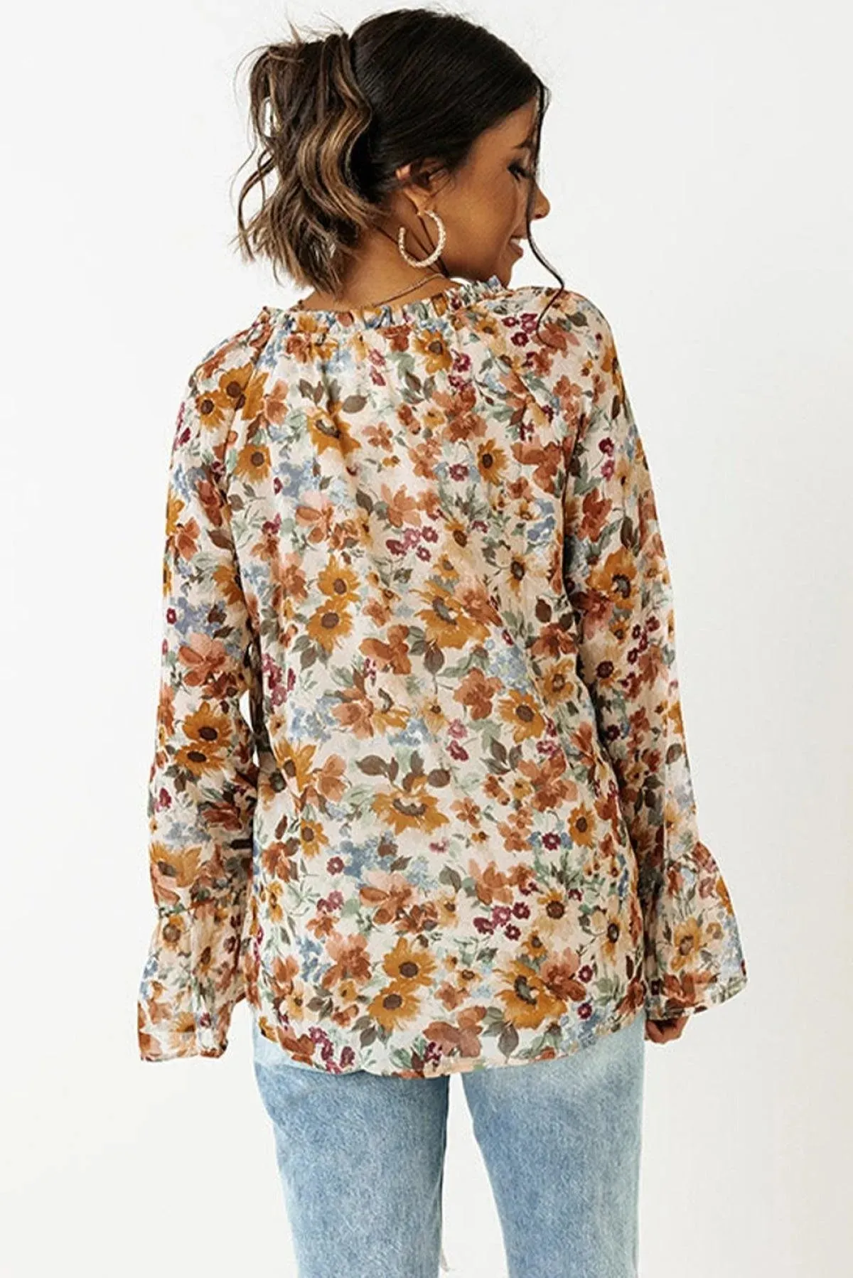 Orange Floral Print Flare Cuff Long Sleeve Blouse