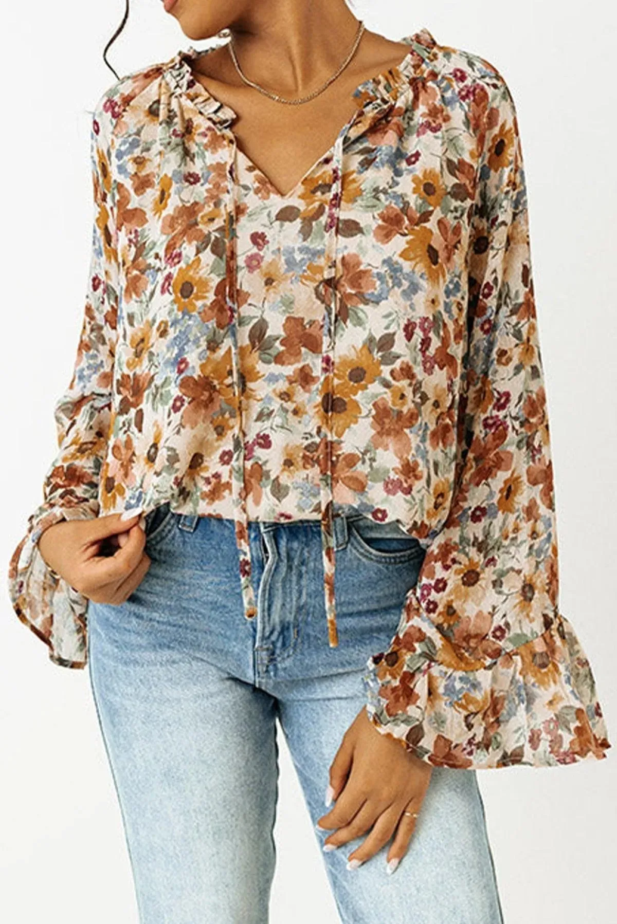 Orange Floral Print Flare Cuff Long Sleeve Blouse