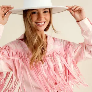 Pink Embroidered Fringe Button Up Shirt at Bourbon Cowgirl