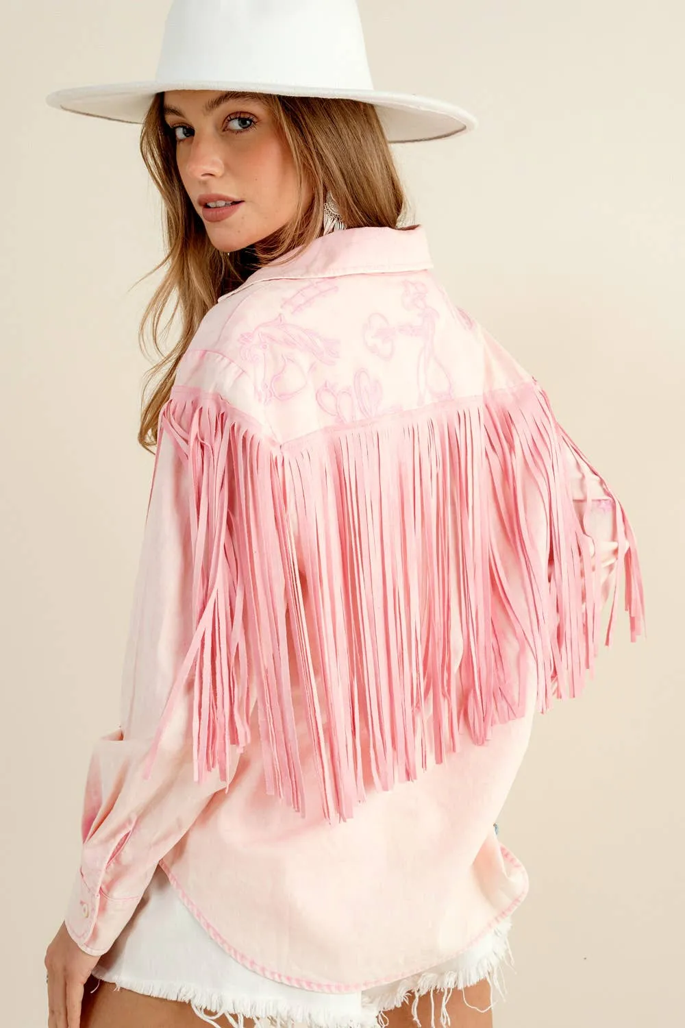 Pink Embroidered Fringe Button Up Shirt at Bourbon Cowgirl