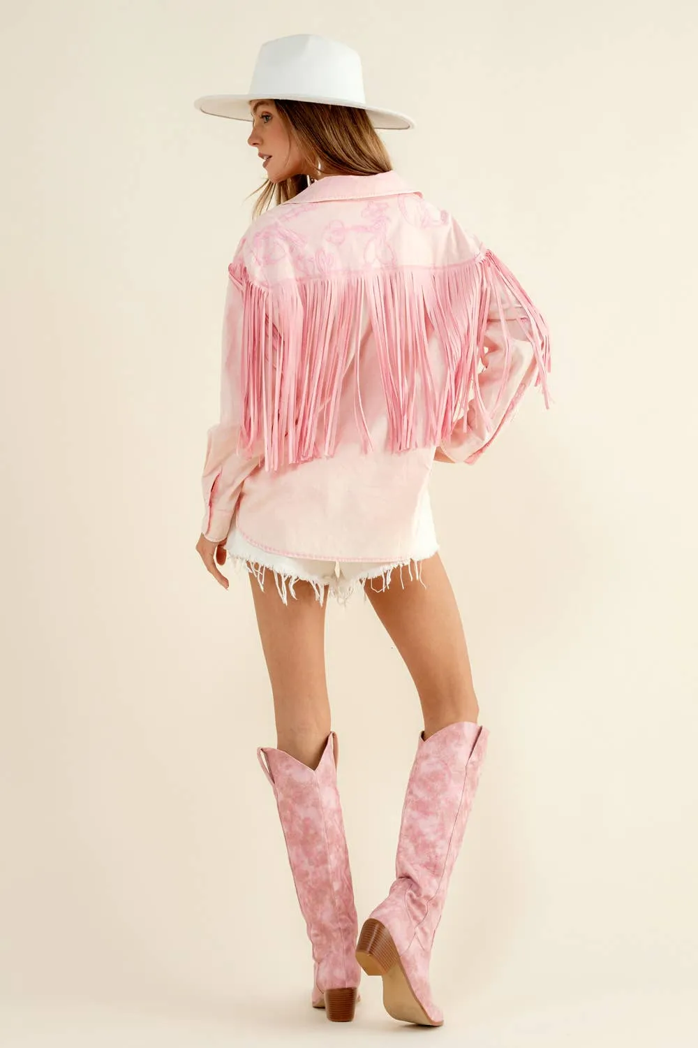 Pink Embroidered Fringe Button Up Shirt at Bourbon Cowgirl