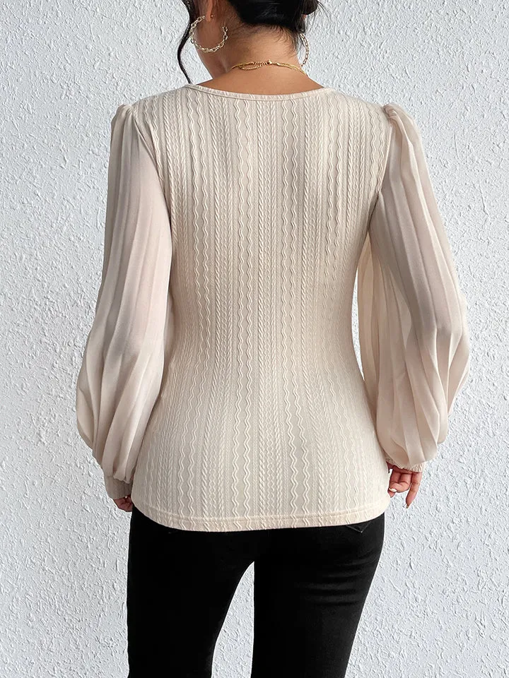 Pleated Puff Sleeve Round Neck Blouse