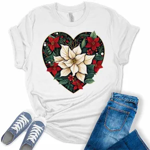 Poinsettia Heart Christmas Shirt For Women