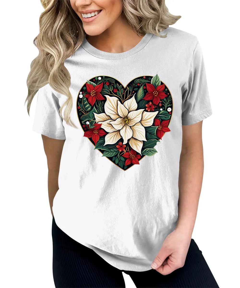 Poinsettia Heart Christmas Shirt For Women