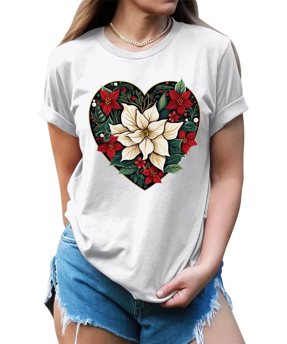 Poinsettia Heart Christmas Shirt For Women