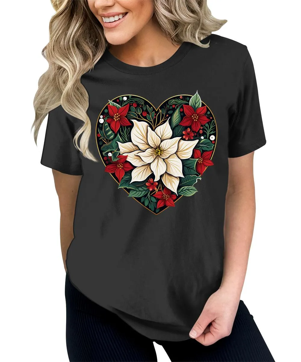 Poinsettia Heart Christmas Shirt For Women