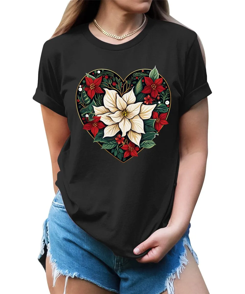 Poinsettia Heart Christmas Shirt For Women