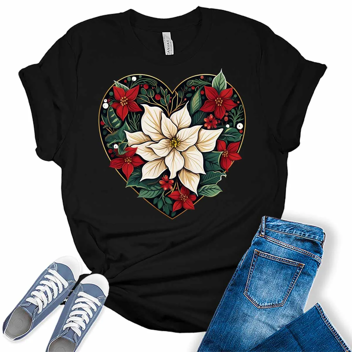 Poinsettia Heart Christmas Shirt For Women