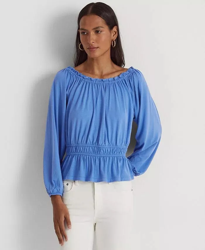 Ralph Lauren Top Blouse Peplum Jersey Ruffle Off-the-Shoulder Petite Size PM