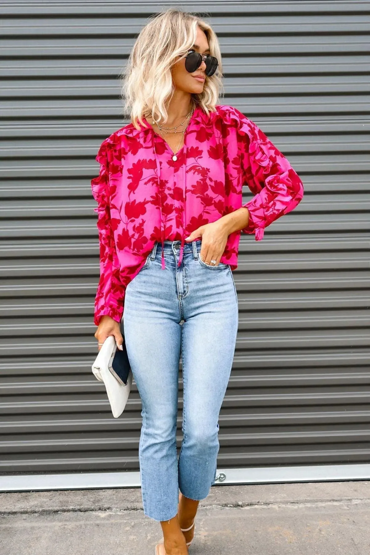 Rose Ruffled Floral Print Blouse