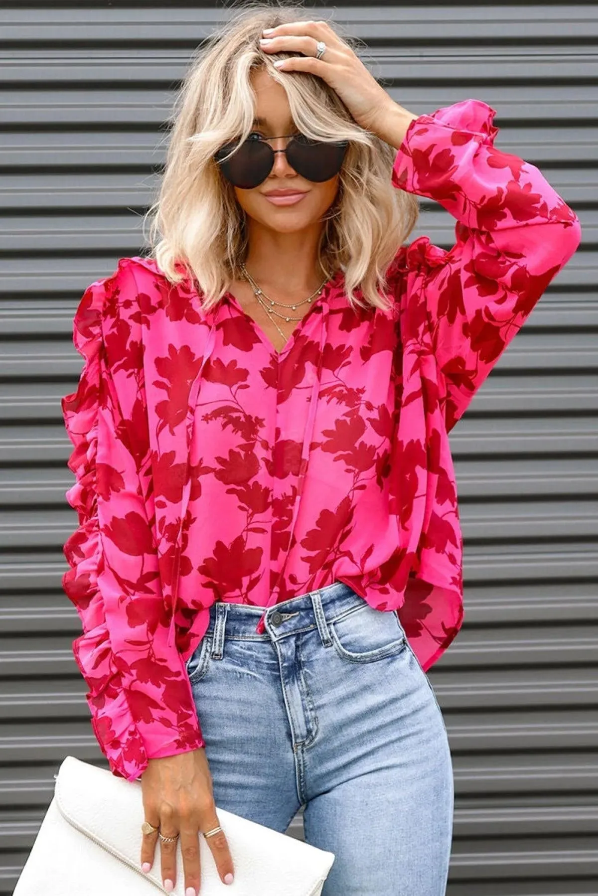 Rose Ruffled Floral Print Blouse