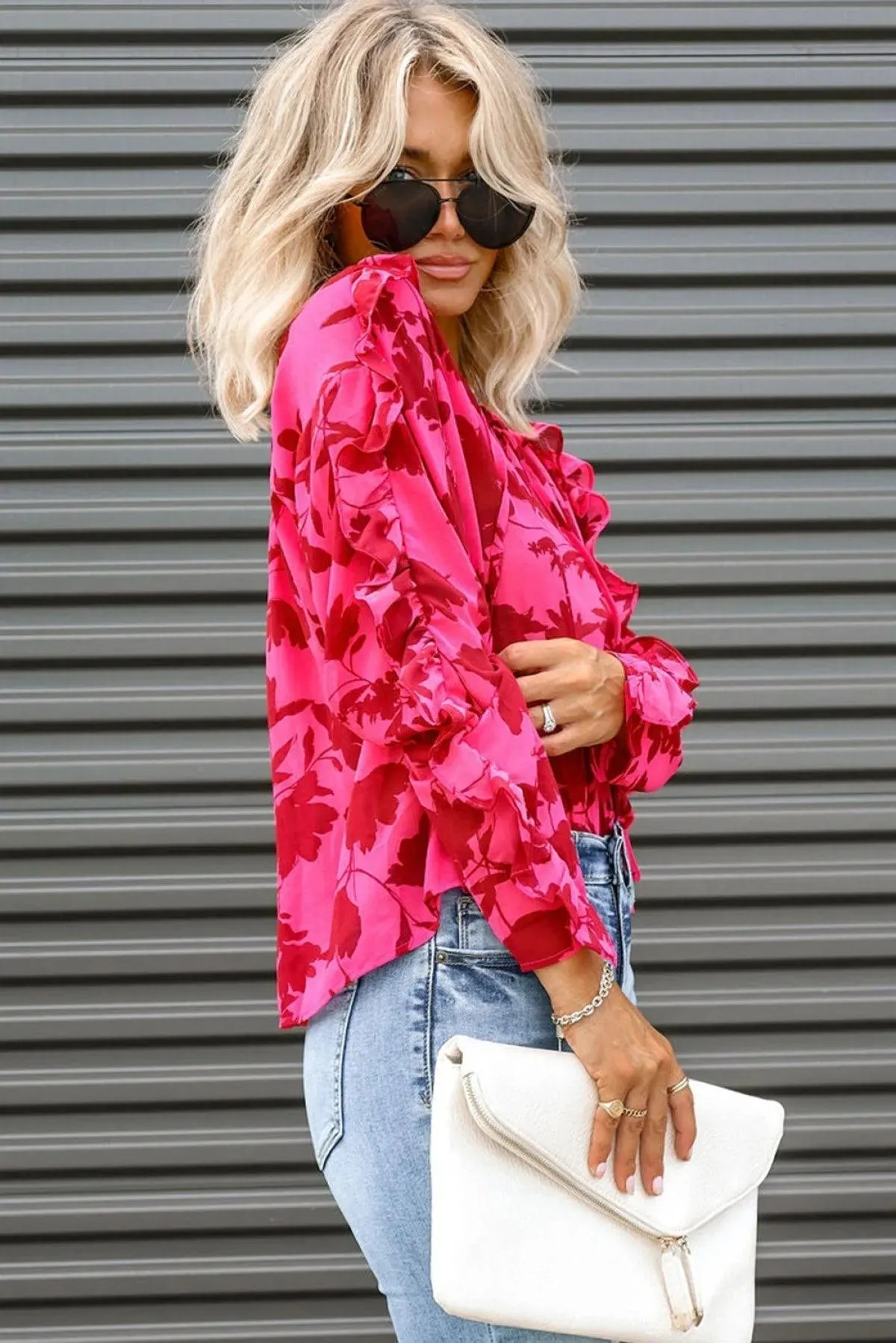 Rose Ruffled Floral Print Blouse