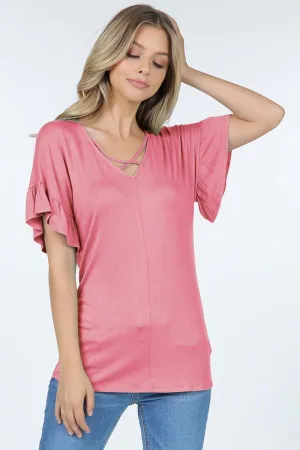 Short ruffle sleeve top with front