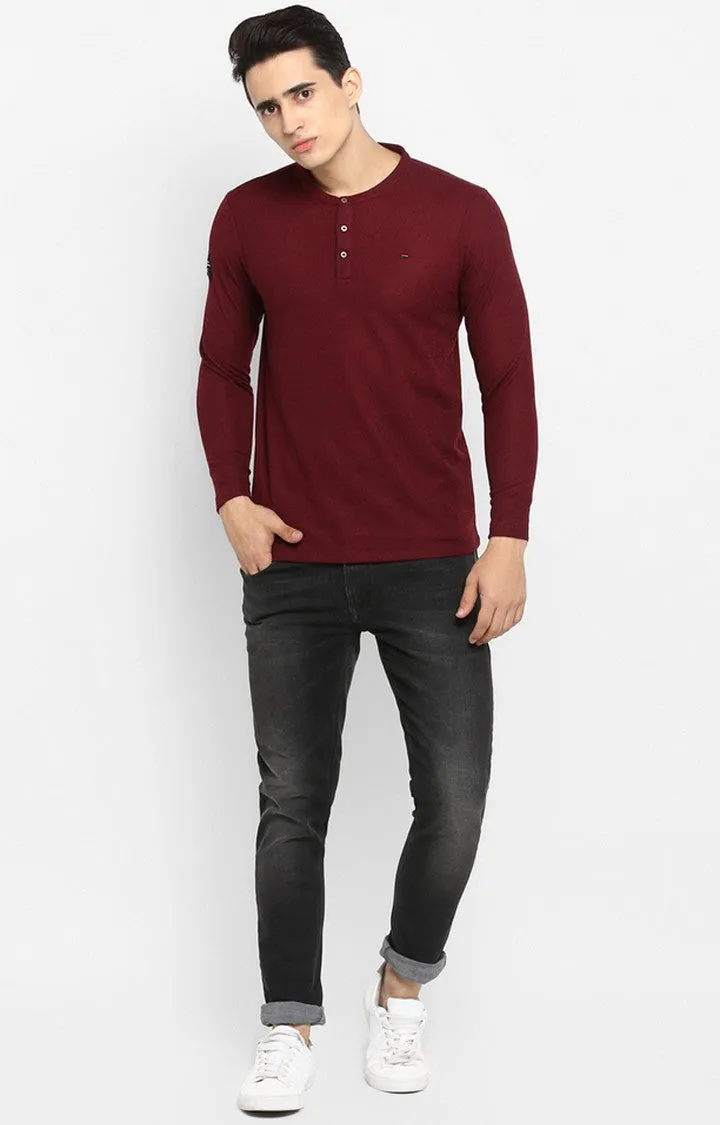 Spykar Wine Melange Slim Fit Men T-Shirts