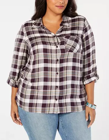 Style & Co. Womens Plaid Collar Utility Button-Down Top Shirt