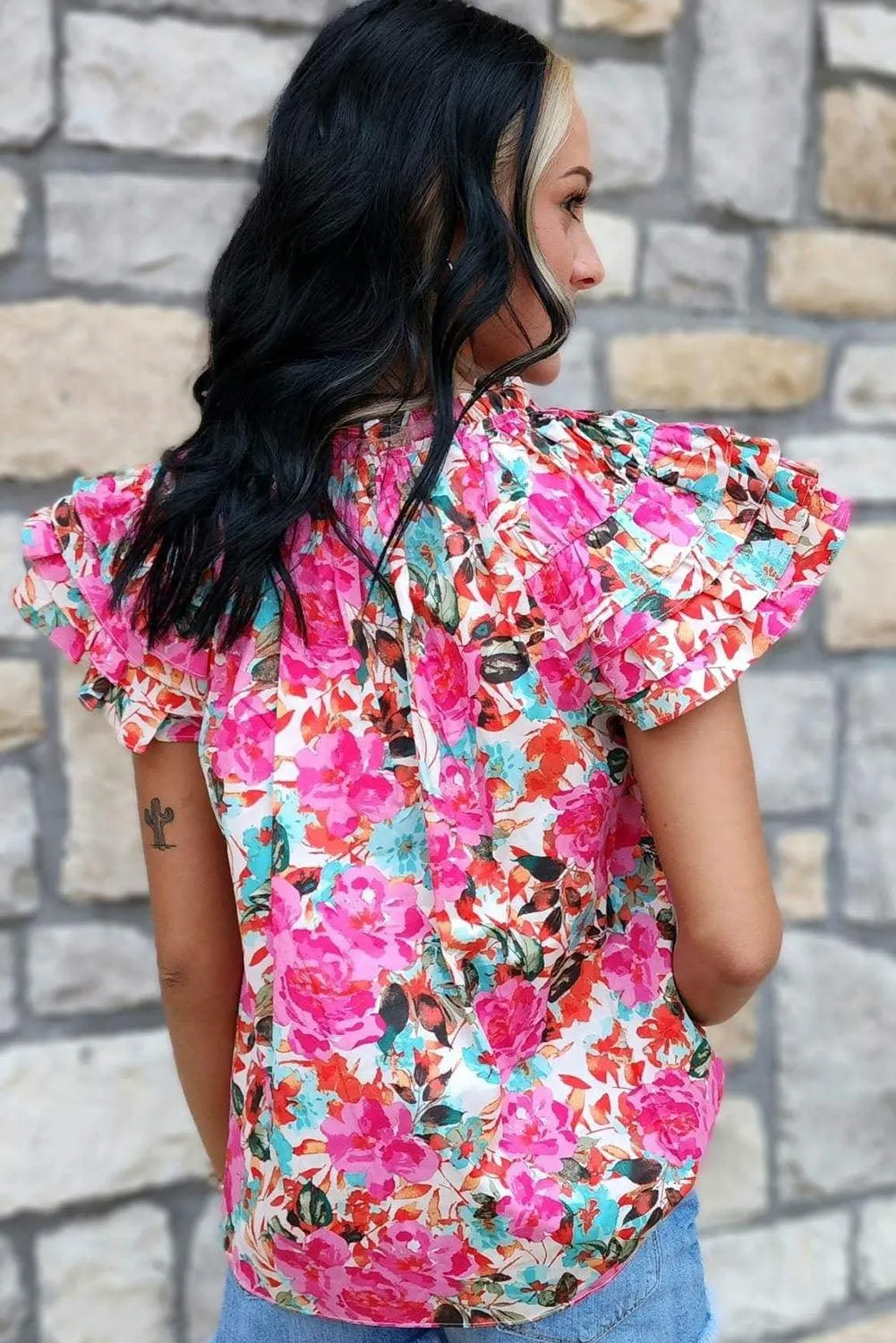 Sweet Ruffle Flutter Sleeve Floral Blouse