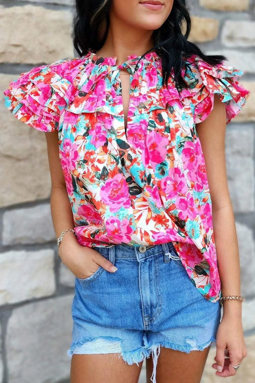 Sweet Ruffle Flutter Sleeve Floral Blouse