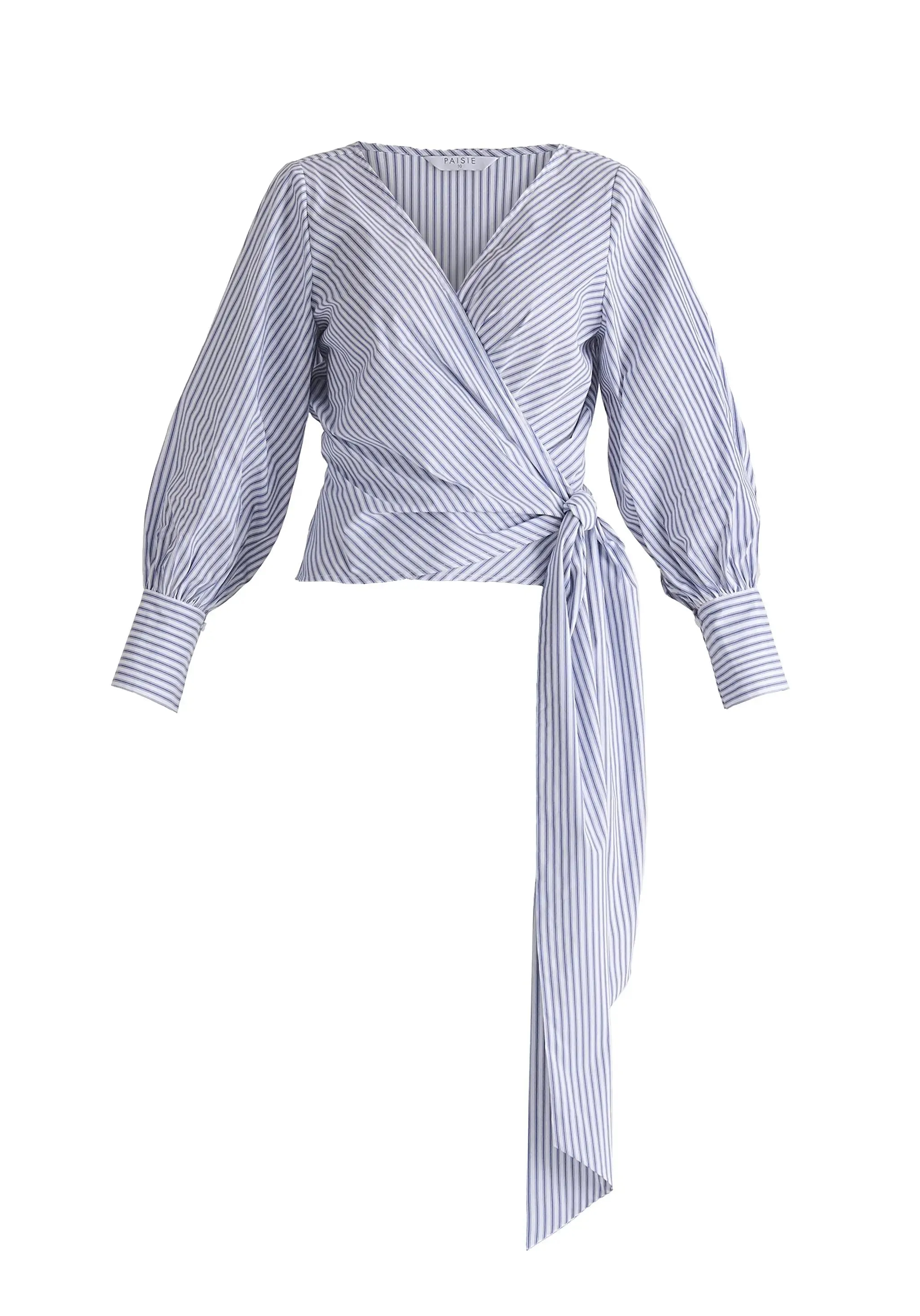 White and Blue Striped Wrap Top With Waist Tie