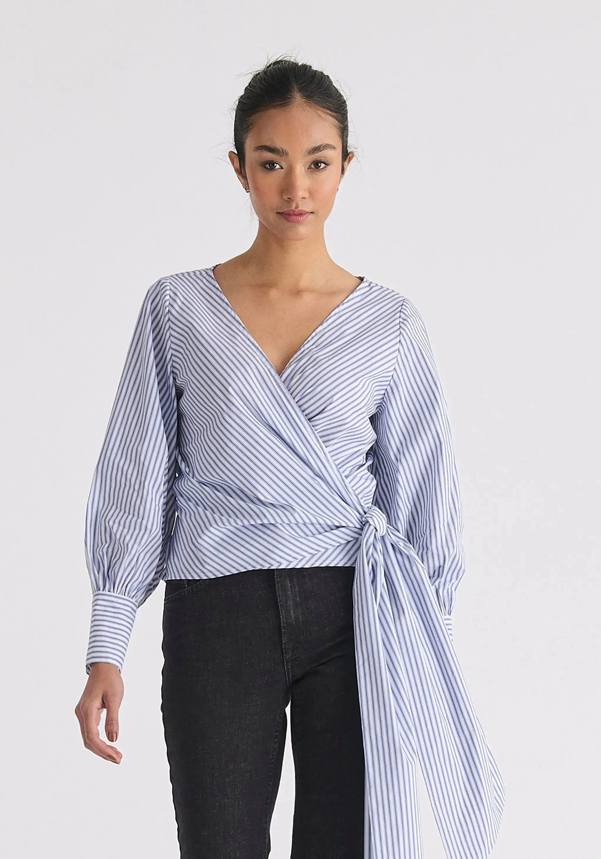 White and Blue Striped Wrap Top With Waist Tie