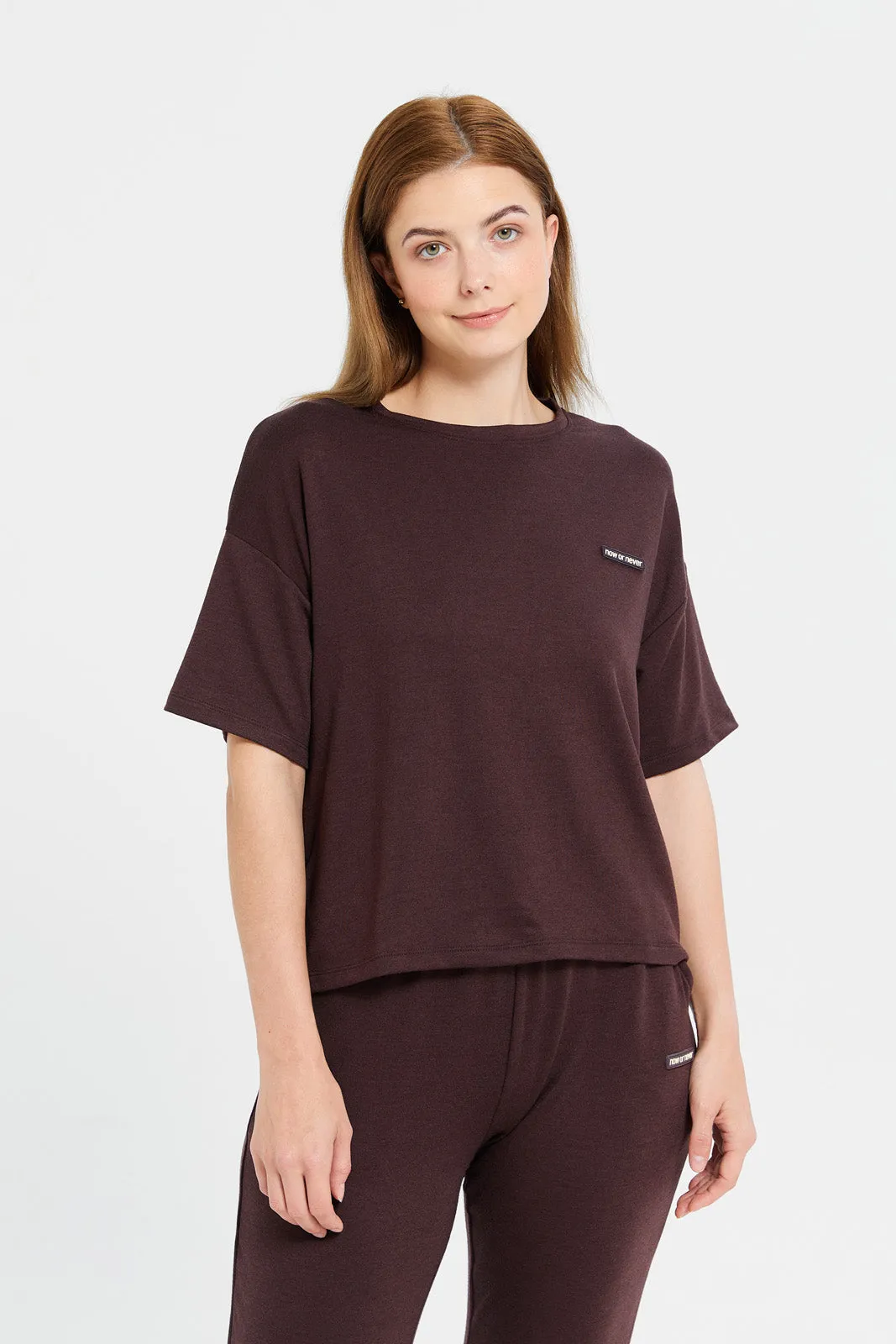 Women Brown Oversized Ribbed T-Shirt