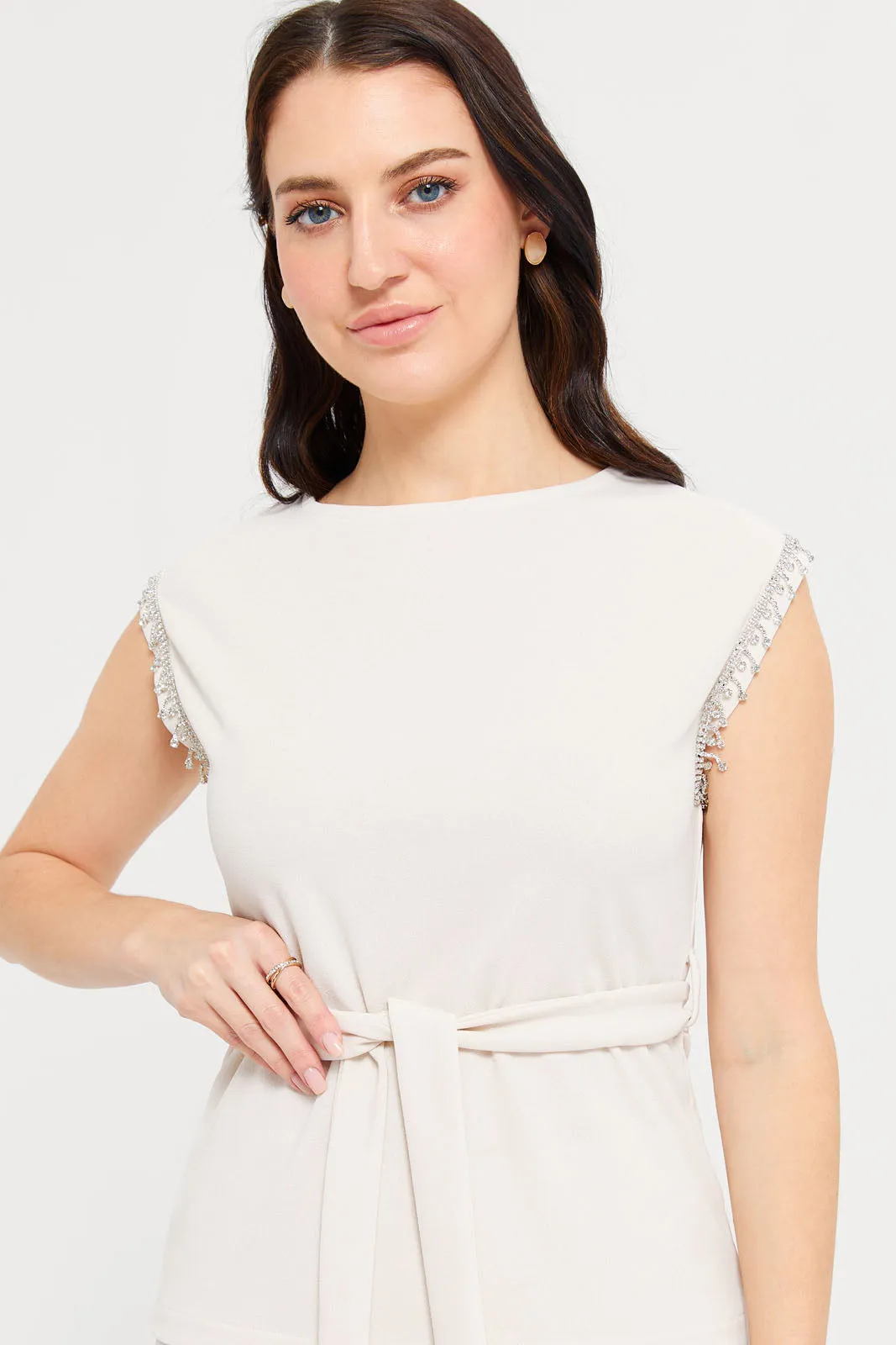 Women Ivory Embellished Belted Top