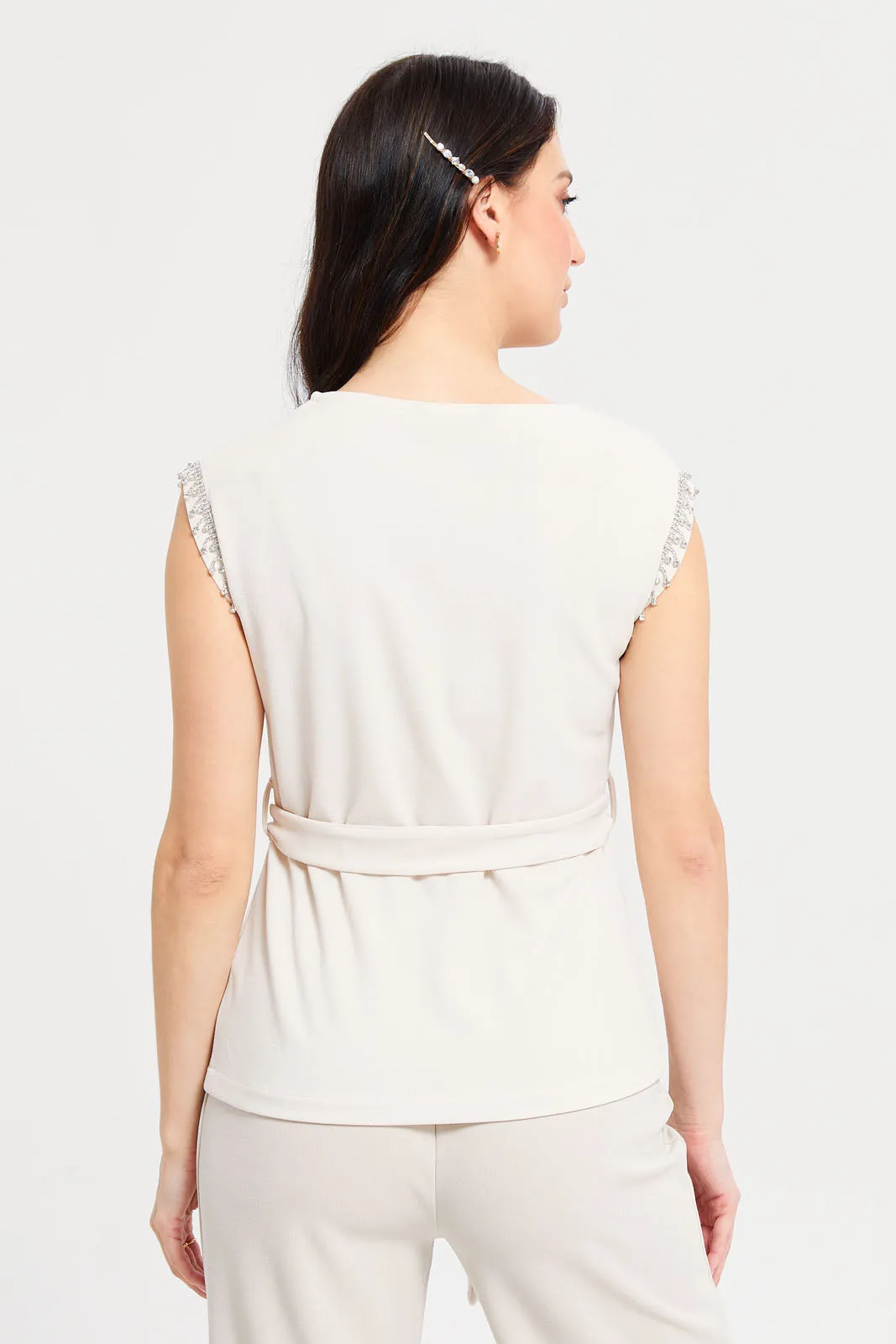 Women Ivory Embellished Belted Top