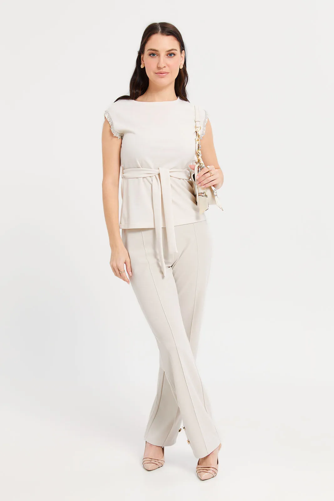 Women Ivory Embellished Belted Top