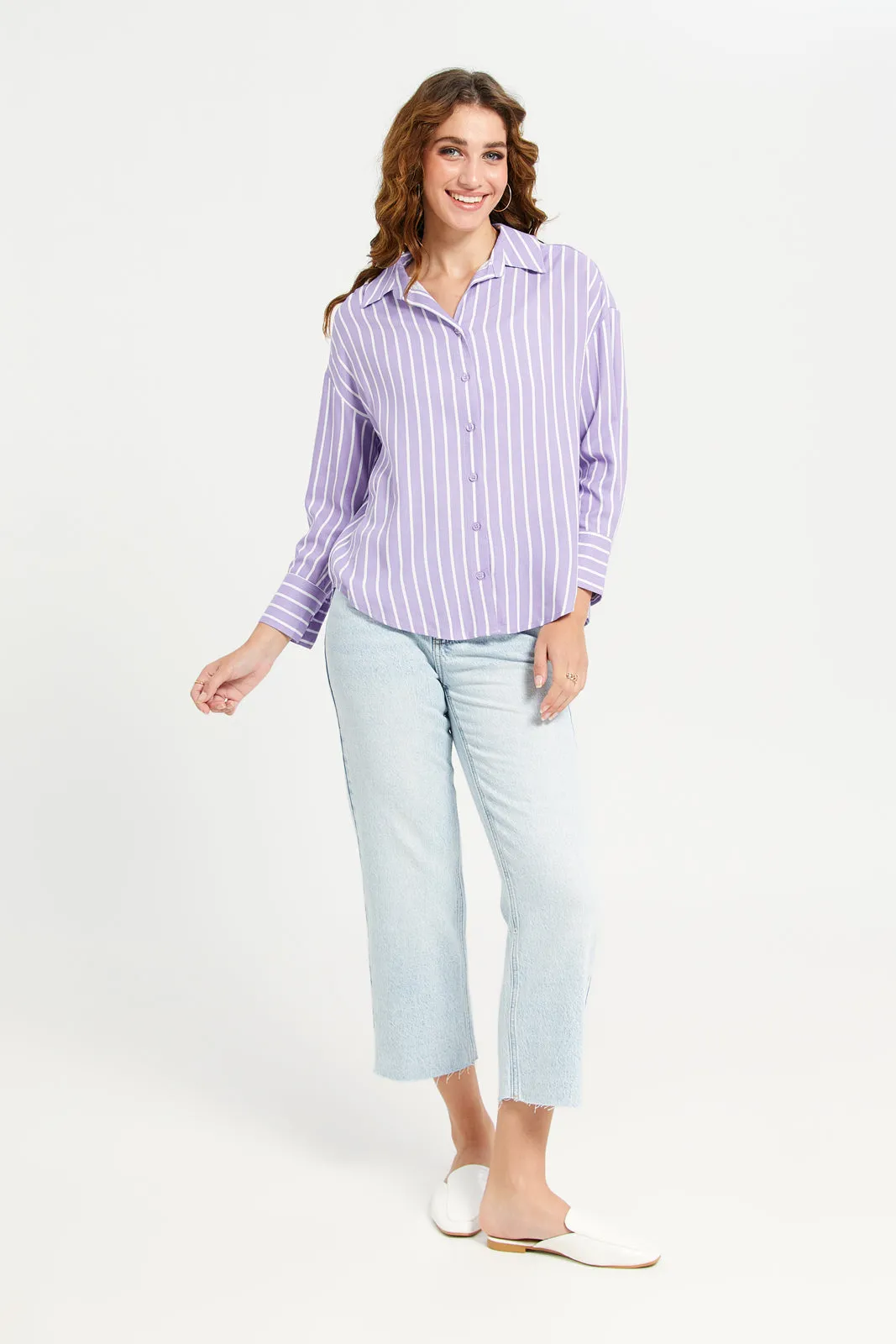 Women Lilac Striper Linen Blend Shirt