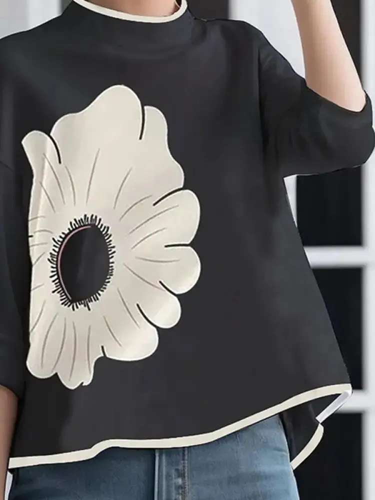 Women Mock Neck  Stunning Flower Printed Summer Top