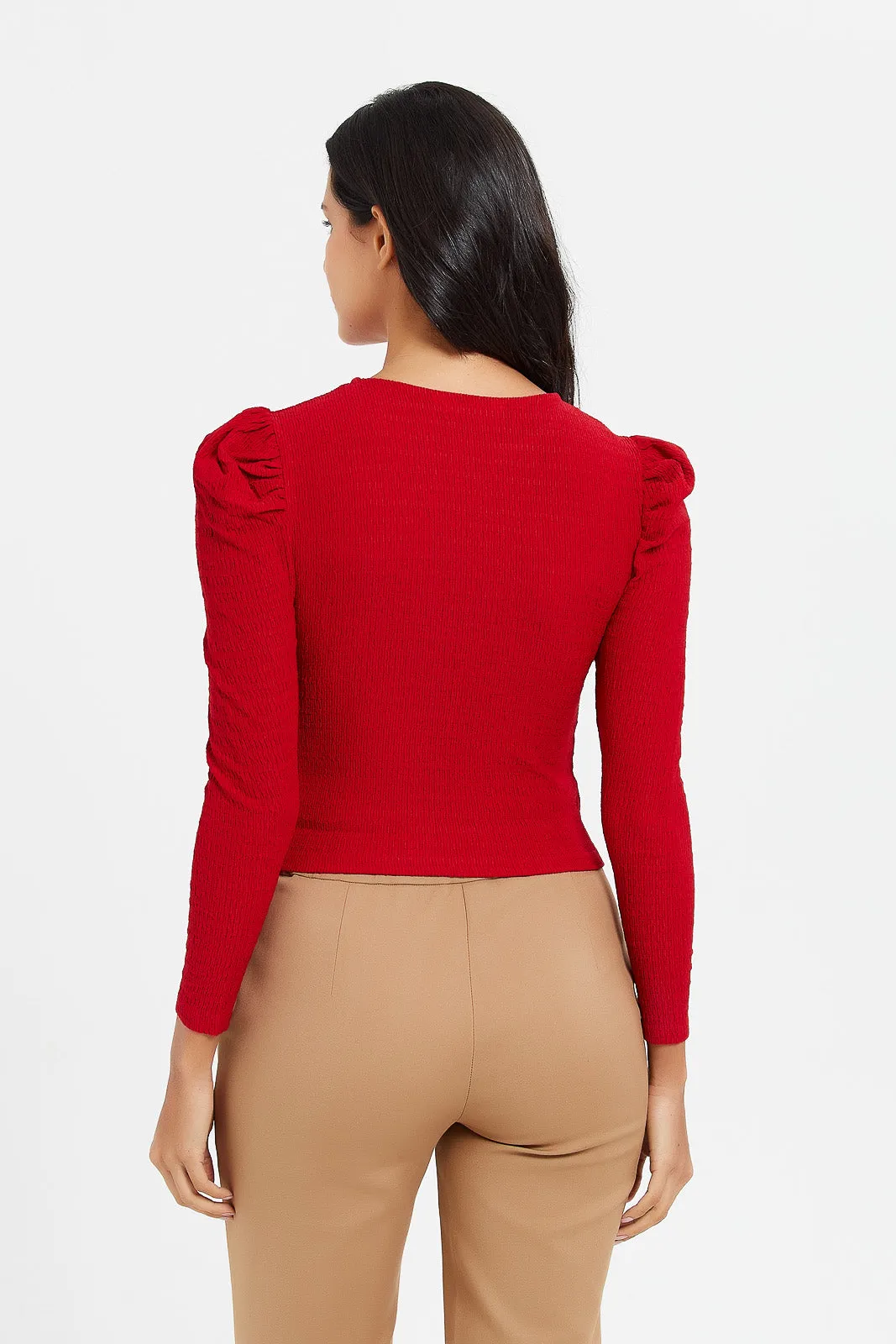 Women Red Ruched Shoulder Top.