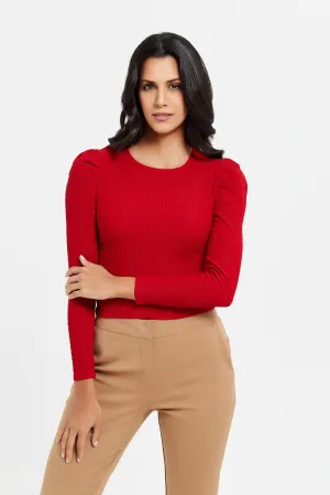 Women Red Ruched Shoulder Top.