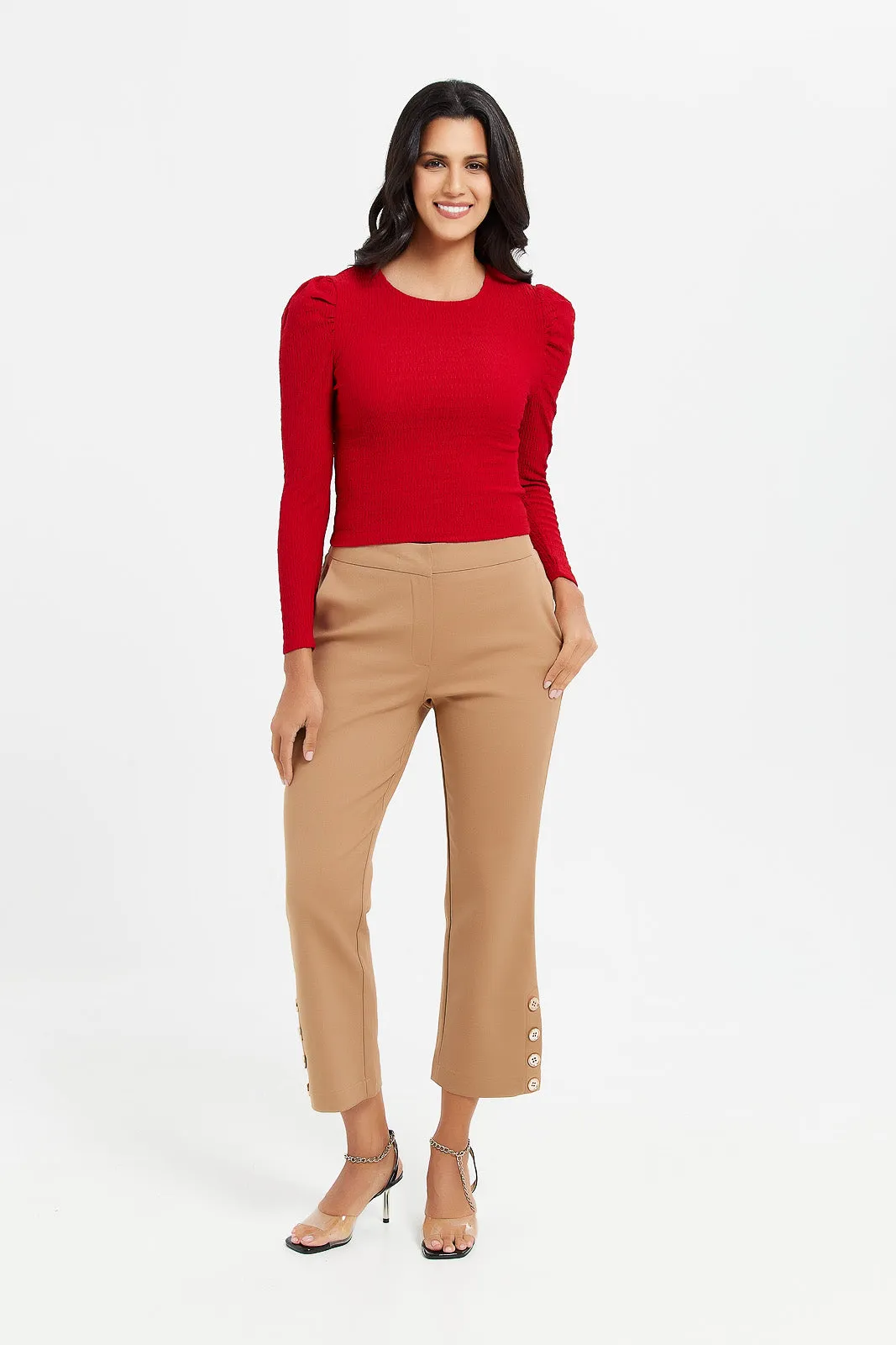 Women Red Ruched Shoulder Top.