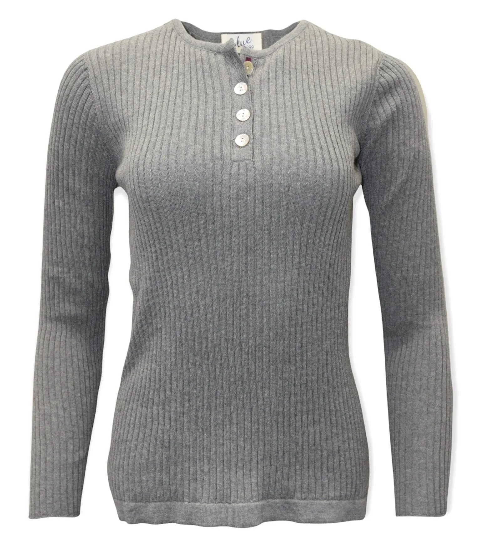 Women's 100% Pima Cotton Henley Style Ribbed 4 Button Long Sleeve Sweater