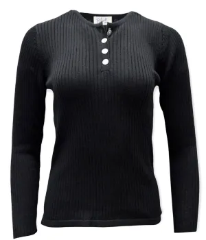 Women's 100% Pima Cotton Henley Style Ribbed 4 Button Long Sleeve Sweater