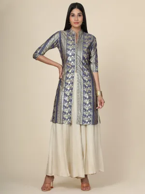 Women's Grey Foil Print Mandarin Collar Kurti