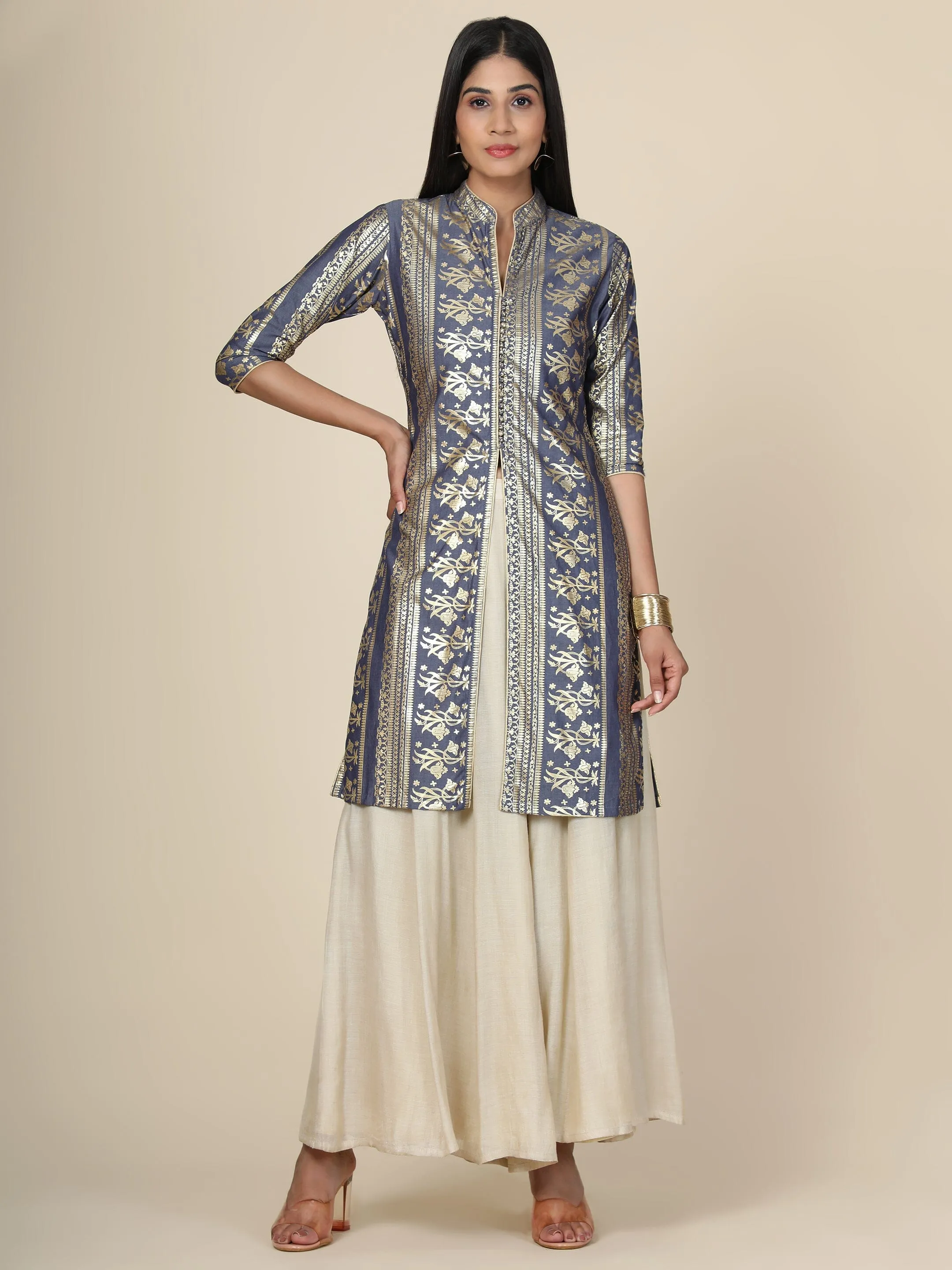 Women's Grey Foil Print Mandarin Collar Kurti