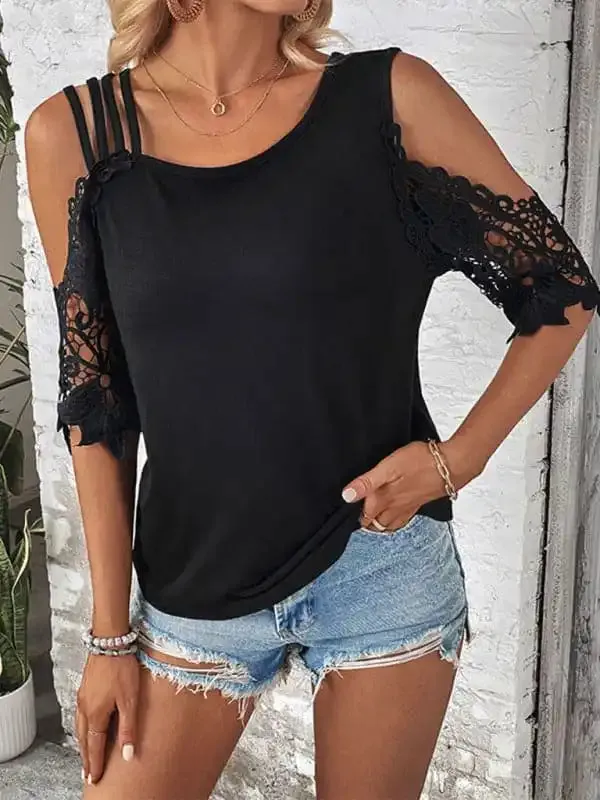 Women’s lace patchwork knitted top with off-shoulder sleeves