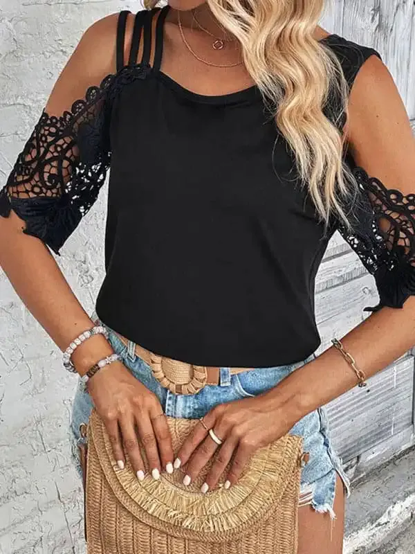 Women’s lace patchwork knitted top with off-shoulder sleeves