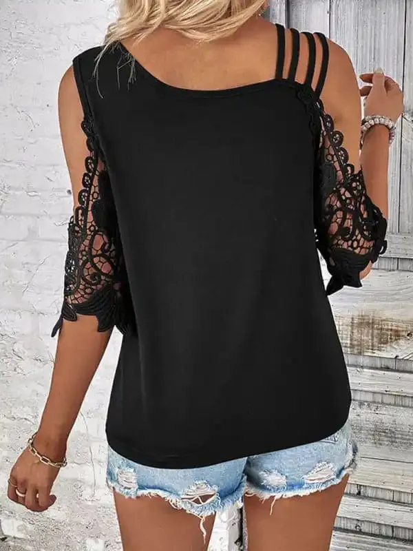 Women’s lace patchwork knitted top with off-shoulder sleeves