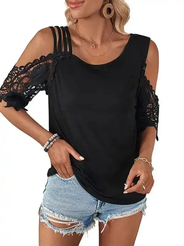 Women’s lace patchwork knitted top with off-shoulder sleeves