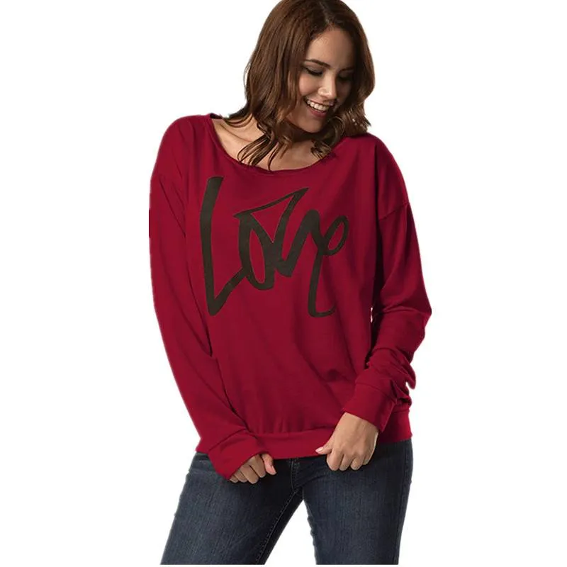 Women's Letter Love Print Sexy Off Shoulder Long Sleeve Tops