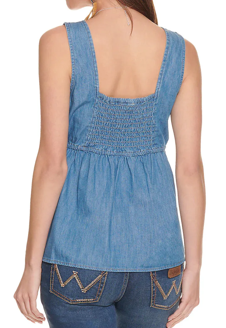 WRANGLER RETRO WOMEN'S CHAMBRAY DENIM TIE FRONT SLEEVELESS TANK TOP