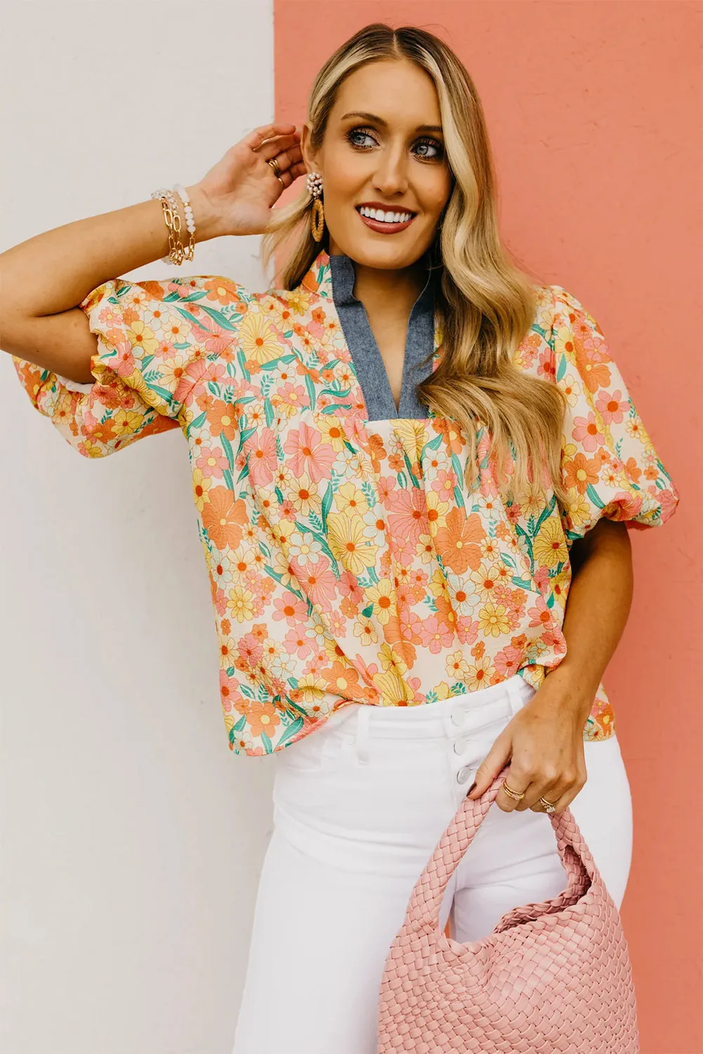 Yellow Multicolor Floral Bubble Sleeve Blouse